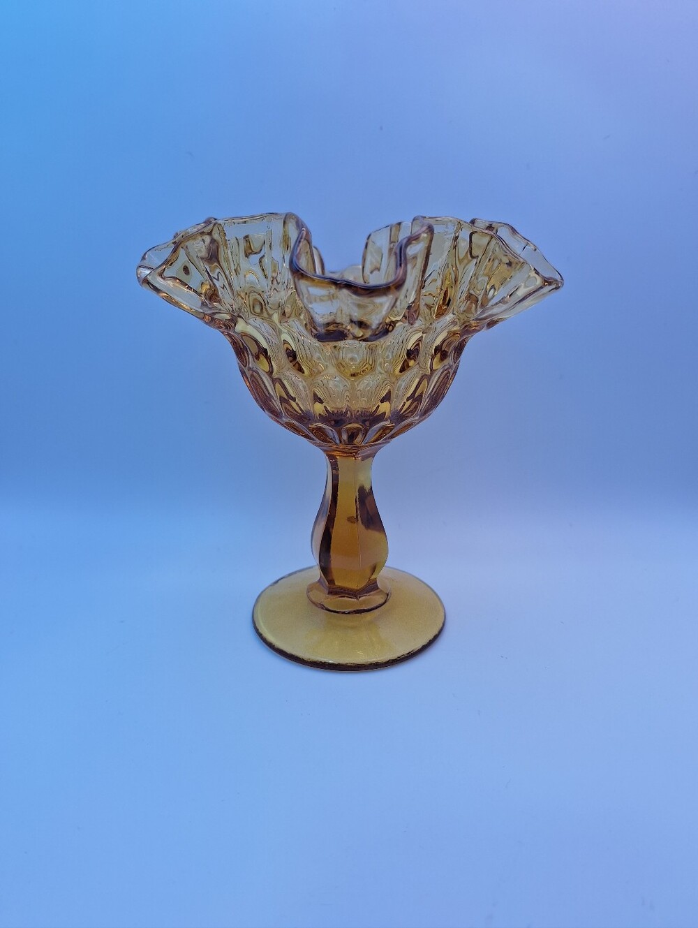 Vintage Fenton Amber Glass Thumbprint Ruffled Compote Candy Dish 1960s